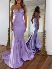 Lavender Satin Strapless Cowl Neckline Corset Prom Dress with Basque Waist