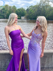 Lavender Sheer Floral Appliqué Corset Satin Prom Dress with High Slit