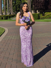 Lavender Square Neckline Floral Sequin Column Prom Dress with Wide Straps