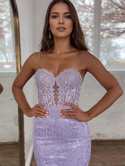 Lavender Strapless Lace Corset Bodice Mermaid Long Prom Dress