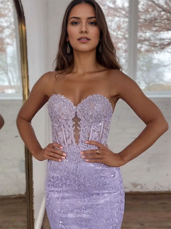 Lavender Strapless Lace Corset Bodice Mermaid Long Prom Dress