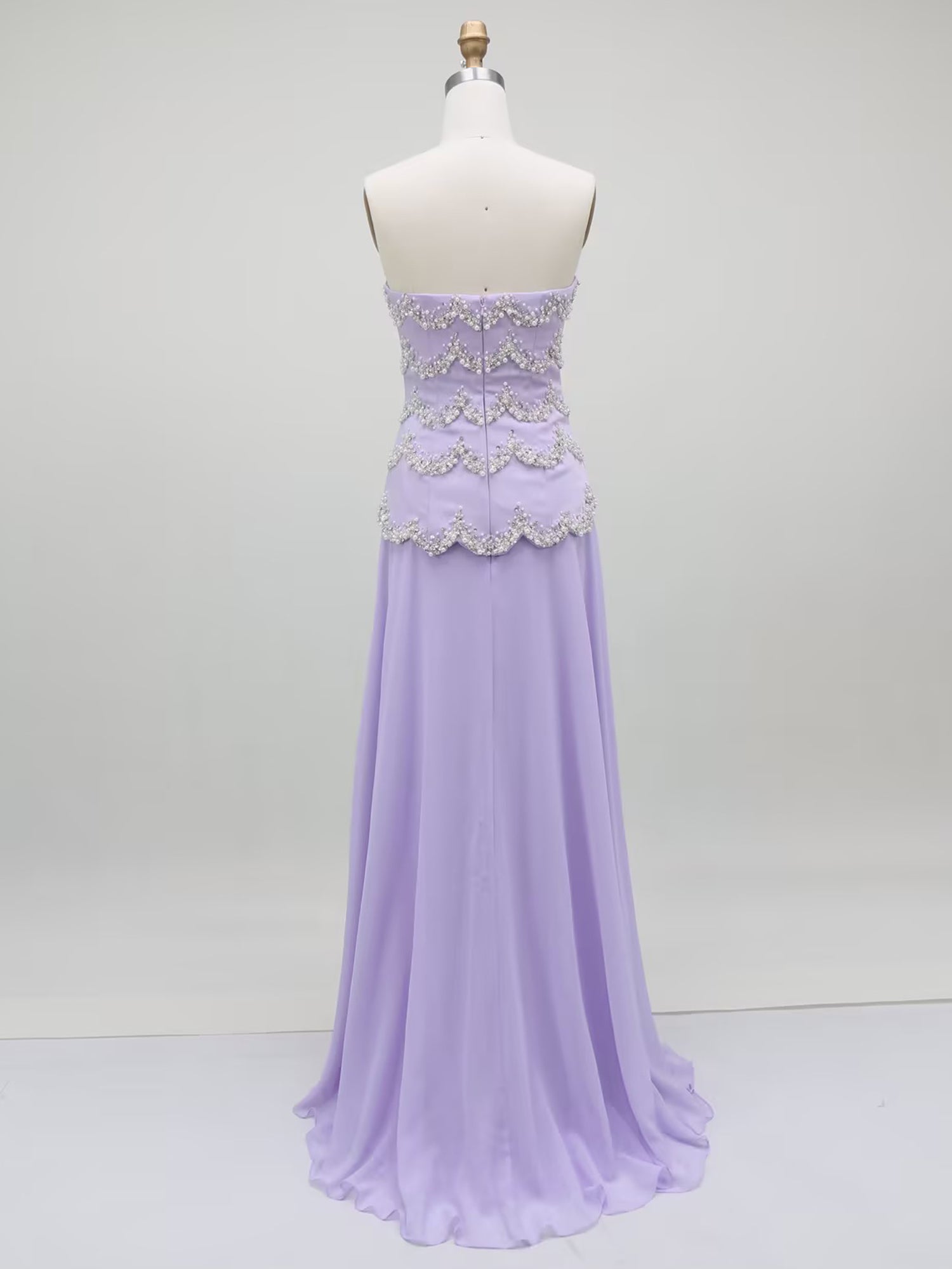Lavender Strapless Pearl Scallop Bodice Long Prom Dress