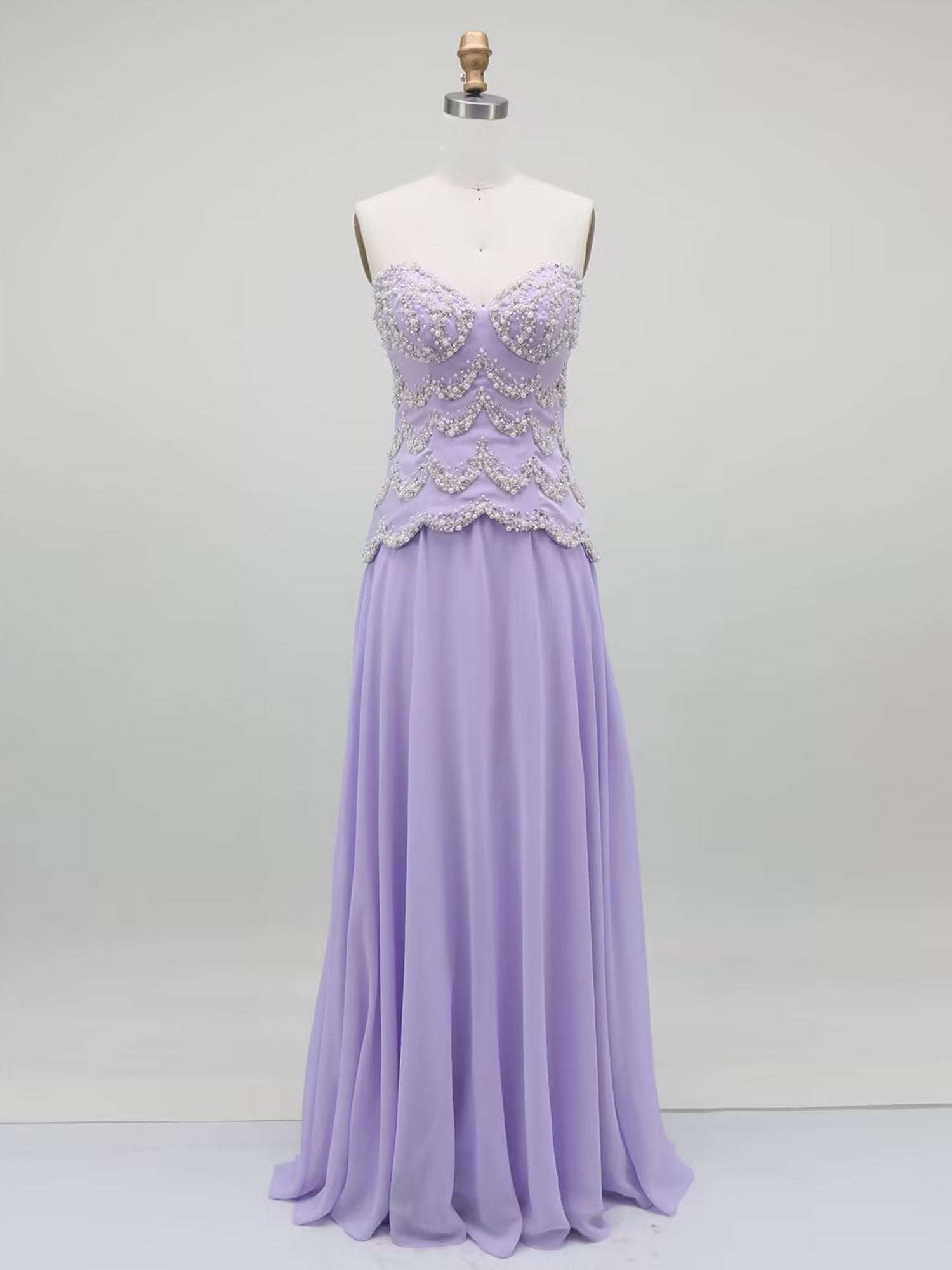 Lavender Strapless Pearl Scallop Bodice Long Prom Dress
