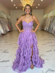 Lavender Strapless Tulle Ruffled Corset Prom Dress with Slit