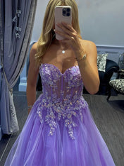 Lavender Sweetheart Corset Tulle Prom Dress with 3D Floral Appliqués
