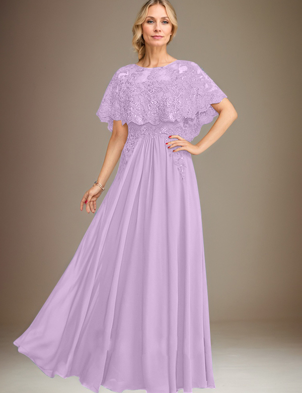 A-line Boat Neck Floor-Length Lace Chiffon Mother of the Bride Dress With Applique Sequins