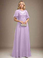 A-line Scoop Illusion Floor-Length Lace Chiffon Mother of the Bride Dress With Sequins