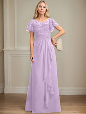 A-line Asymmetrical Illusion Floor-Length Lace Chiffon Mother of the Bride Dress With Cascading Ruffles Sequins
