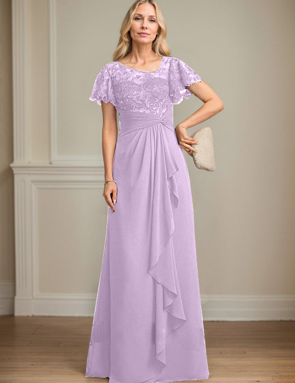 A-line Asymmetrical Illusion Floor-Length Lace Chiffon Mother of the Bride Dress With Cascading Ruffles Sequins