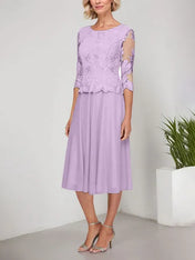 A-line Scoop Tea-Length Lace Chiffon Mother of the Bride Dress With Embroidery