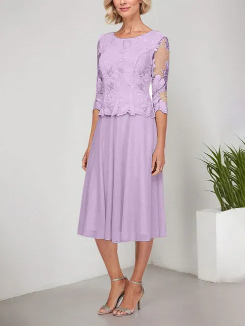 A-line Scoop Tea-Length Lace Chiffon Mother of the Bride Dress With Embroidery