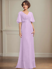 A-line V-Neck Floor-Length Chiffon Mother of the Bride Dress With Pleated Sequins Appliques Lace