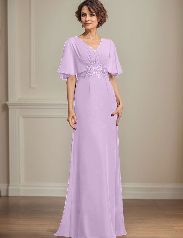 A-line V-Neck Floor-Length Chiffon Mother of the Bride Dress With Pleated Sequins Appliques Lace