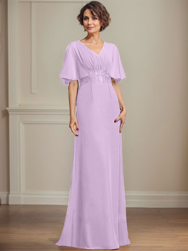 A-line V-Neck Floor-Length Chiffon Mother of the Bride Dress With Pleated Sequins Appliques Lace