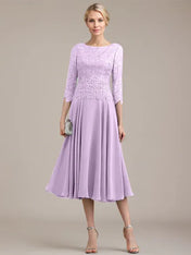 A-line Scoop Tea-Length Lace Chiffon Mother of the Bride Dress