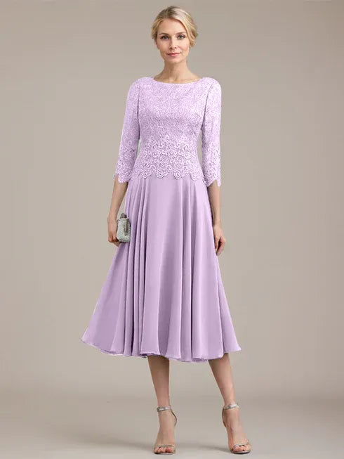 A-line Scoop Tea-Length Lace Chiffon Mother of the Bride Dress
