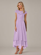 A-line Boat Neck Illusion Asymmetrical Chiffon Lace Mother of the Bride Dress With Applique Pleats