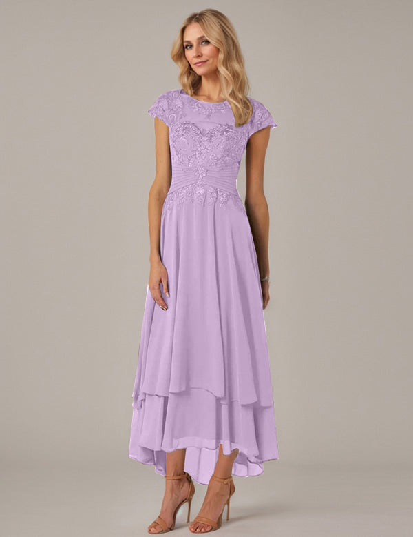 A-line Boat Neck Illusion Asymmetrical Chiffon Lace Mother of the Bride Dress With Applique Pleats
