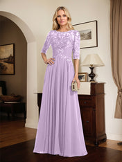 A-line Scoop Illusion Floor-Length Chiffon Lace Mother of the Bride Dress With Pleated Sequins