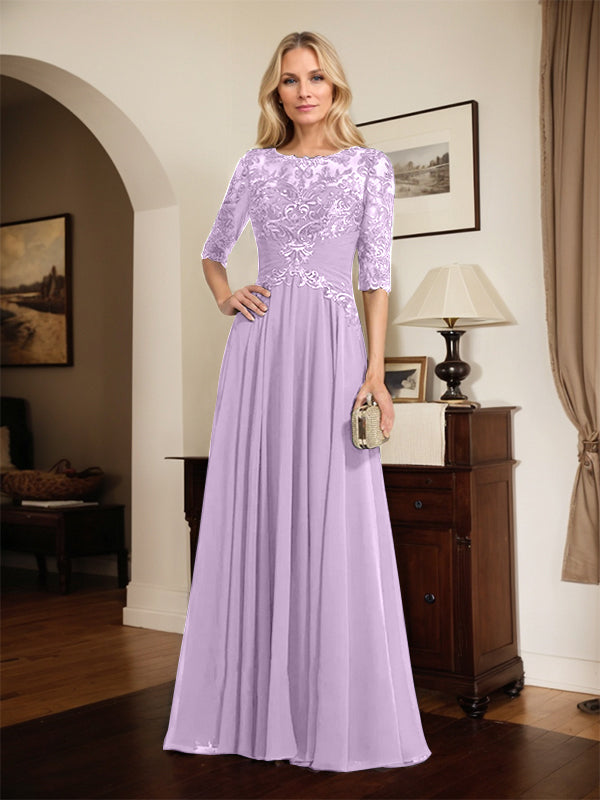 A-line Scoop Illusion Floor-Length Chiffon Lace Mother of the Bride Dress With Pleated Sequins