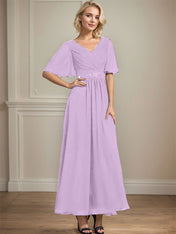 A-line V-Neck Ankle-Length Chiffon Mother of the Bride Dress With Pleated Beading Sequins