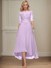 A-line Boat Neck Illusion Asymmetrical Chiffon Lace Mother of the Bride Dress With Sequins Beading