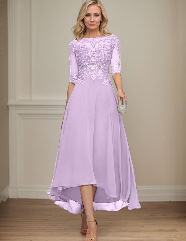 A-line Boat Neck Illusion Asymmetrical Chiffon Lace Mother of the Bride Dress With Sequins Beading