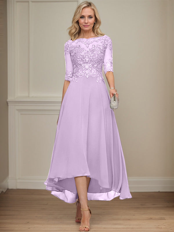 A-line Boat Neck Illusion Asymmetrical Chiffon Lace Mother of the Bride Dress With Sequins Beading