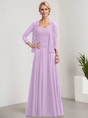 Robe de mère de la mariée trapèze carrée, longueur au sol, en mousseline de soie et dentelle, avec paillettes 