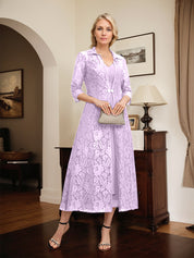 Robe de mère de la mariée en mousseline de soie, coupe trapèze, col en V et longueur thé 