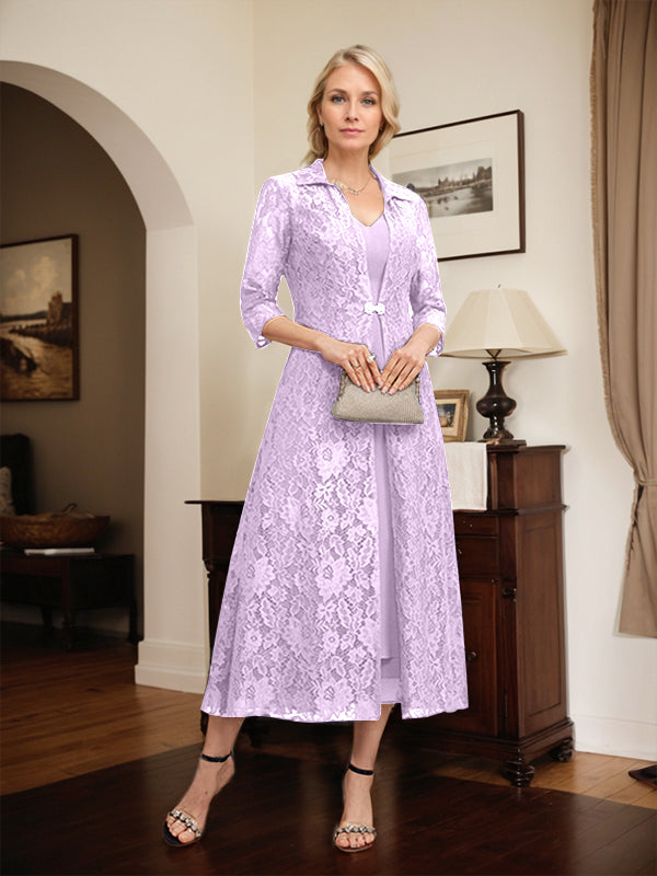 A-line V-Neck Tea-Length Chiffon Mother of the Bride Dress
