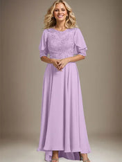 A-line Scoop Illusion Asymmetrical Chiffon Lace Mother of the Bride Dress With Beading