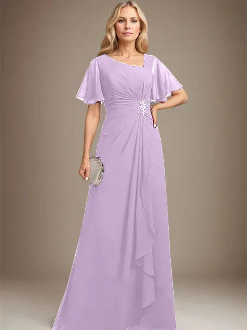 A-line Asymmetrical Floor-Length Chiffon Mother of the Bride Dress With Pleated Beading Sequins
