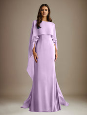 Robe de mère de la mariée en mousseline, coupe fourreau/colonne, col bateau, longueur ras du sol, avec volants en cascade 
