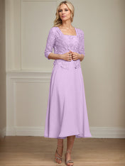 A-line Square Tea-Length Chiffon Lace Mother of the Bride Dress With Sequins Beading