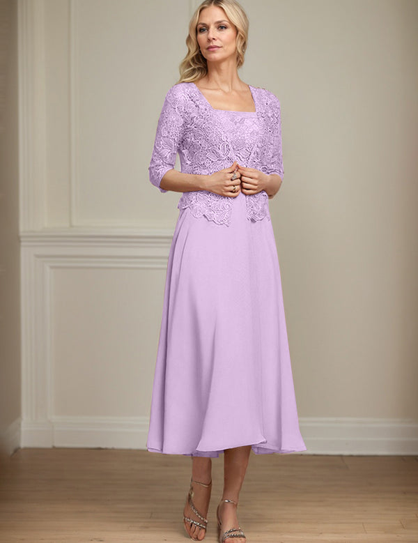 A-line Square Tea-Length Chiffon Lace Mother of the Bride Dress With Sequins Beading