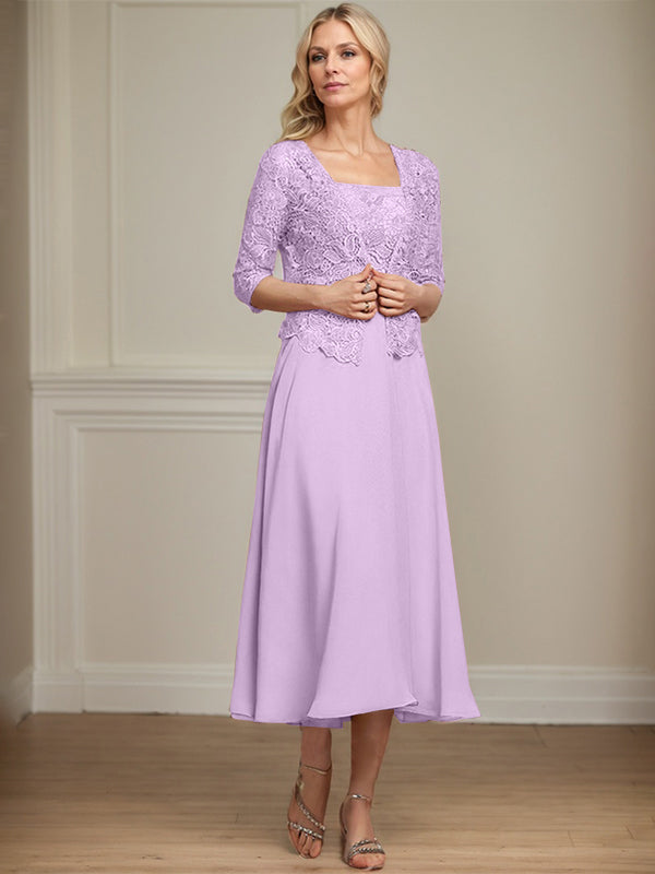 A-line Square Tea-Length Chiffon Lace Mother of the Bride Dress With Sequins Beading