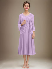 A-line Scoop Tea-Length Lace Chiffon Mother of the Bride Dress With Sequins