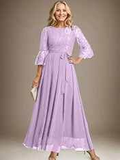 A-line Scoop Ankle-Length Lace Chiffon Mother of the Bride Dress With Bow