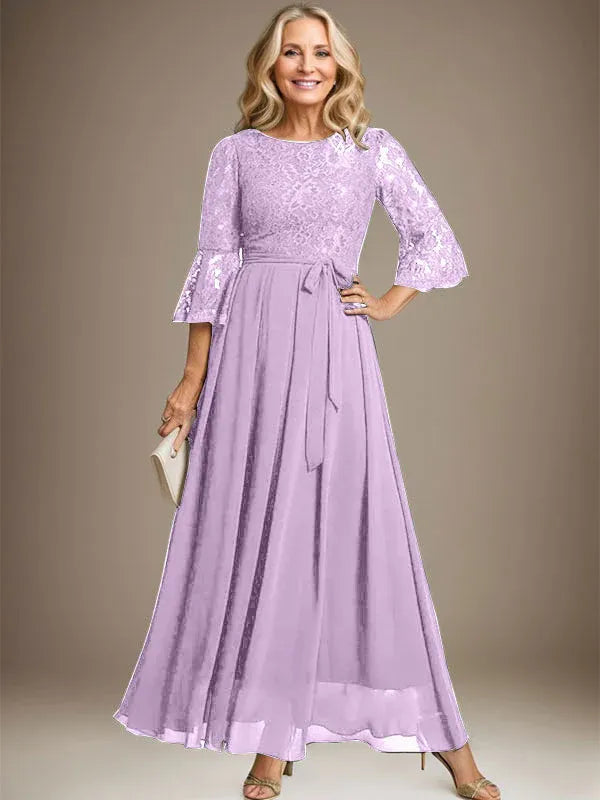 A-line Scoop Ankle-Length Lace Chiffon Mother of the Bride Dress With Bow