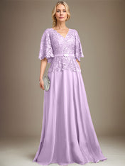 A-line V-Neck Floor-Length Chiffon Lace Mother of the Bride Dress With Crystal Brooch Rhinestone