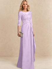 A-line Scoop Illusion Floor-Length Chiffon Lace Mother of the Bride Dress With Beading Sequins Cascading Ruffles