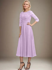 A-line Scoop Tea-Length Lace Chiffon Mother of the Bride Dress With Sequins