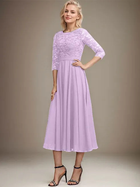A-line Scoop Tea-Length Lace Chiffon Mother of the Bride Dress With Sequins
