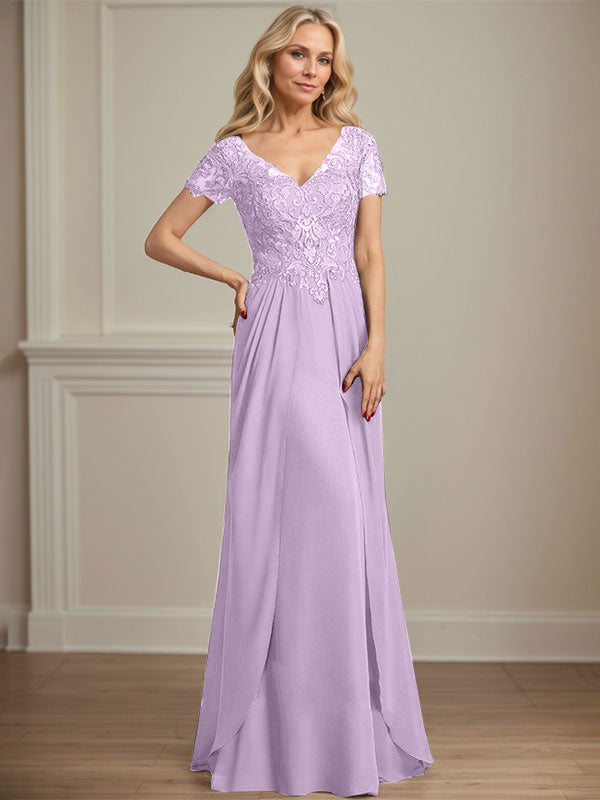 A-line V-Neck Floor-Length Chiffon Lace Mother of the Bride Dress