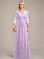A-line V-Neck Floor-Length Lace Chiffon Mother of the Bride Dress With Cascading Ruffles Sequins