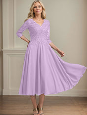 A-line V-Neck Tea-Length Chiffon Lace Mother of the Bride Dress With Beading Sequins