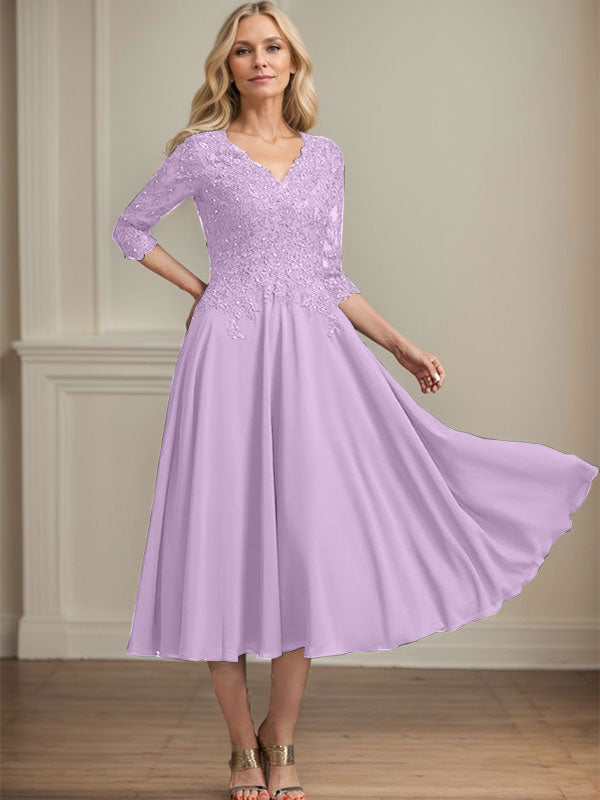A-line V-Neck Tea-Length Chiffon Lace Mother of the Bride Dress With Beading Sequins