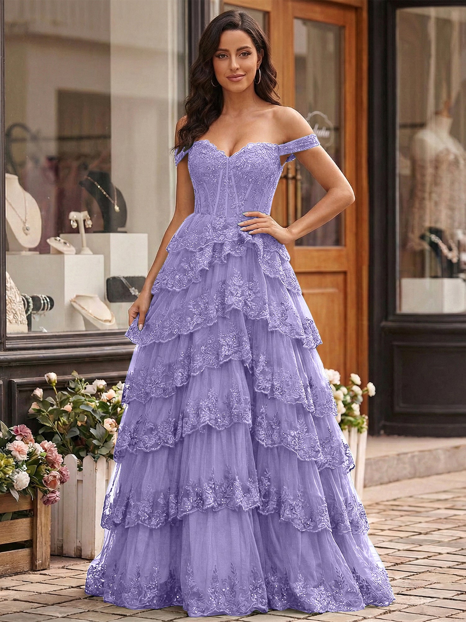 Emerald Green Lace Corset Tiered Ruffle Long Prom Dress with Slit