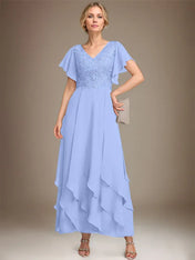 A-line V-Neck Ankle-Length Lace Chiffon Mother of the Bride Dress With Cascading Ruffles